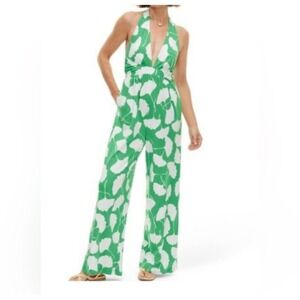 Diane von Furstenberg Green White Ginkgo Leaf Halter Wide Leg Jumpsuit Large